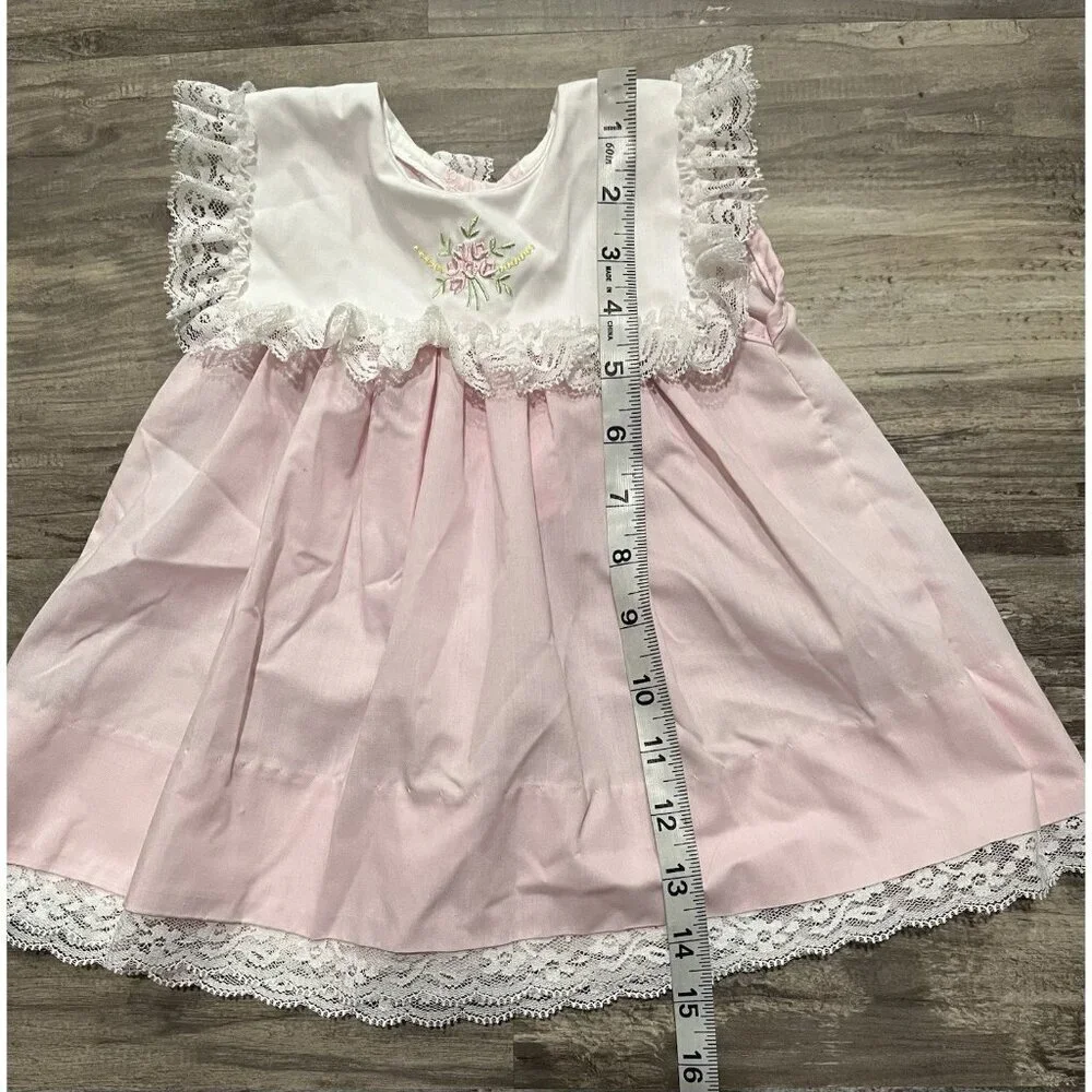 Vintage Girl's Dress 6 Months Party Floral Pink White Bib Lace Trim Flower 90s